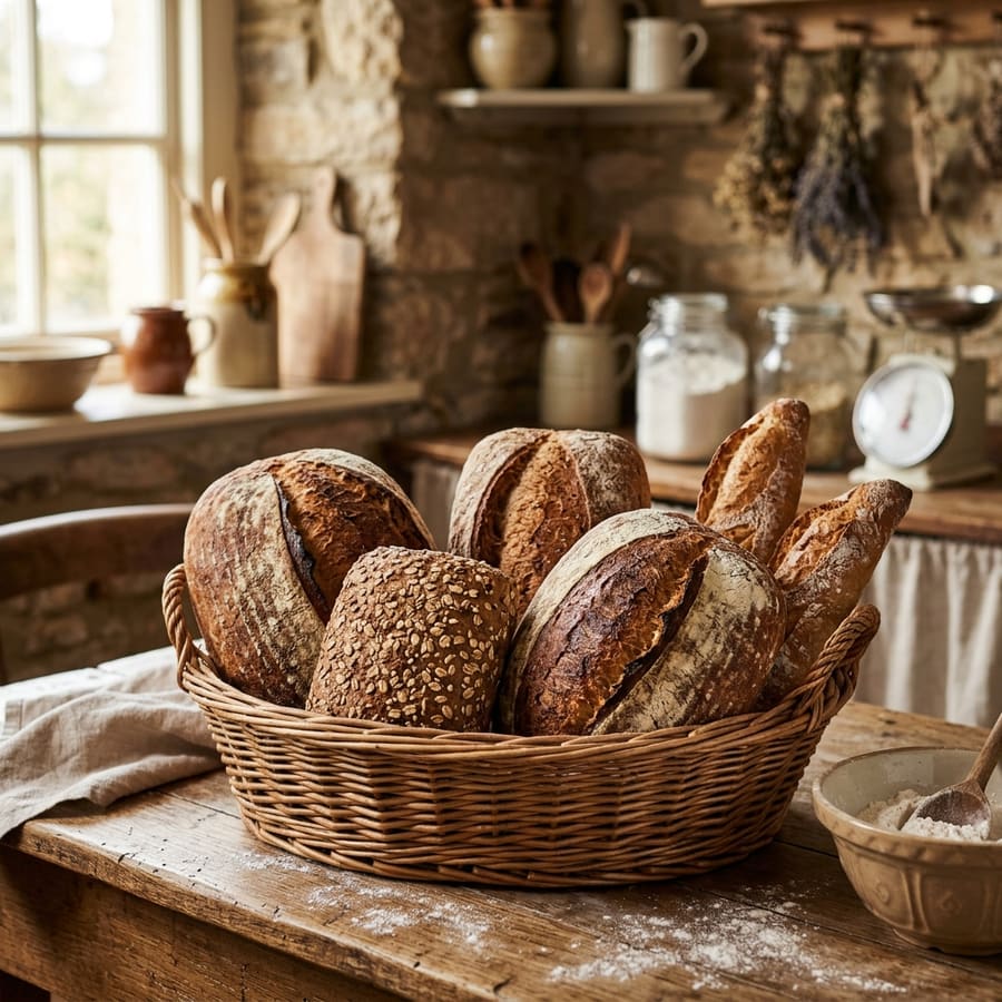 Basket of freshly baked bread loaves on a wooden table